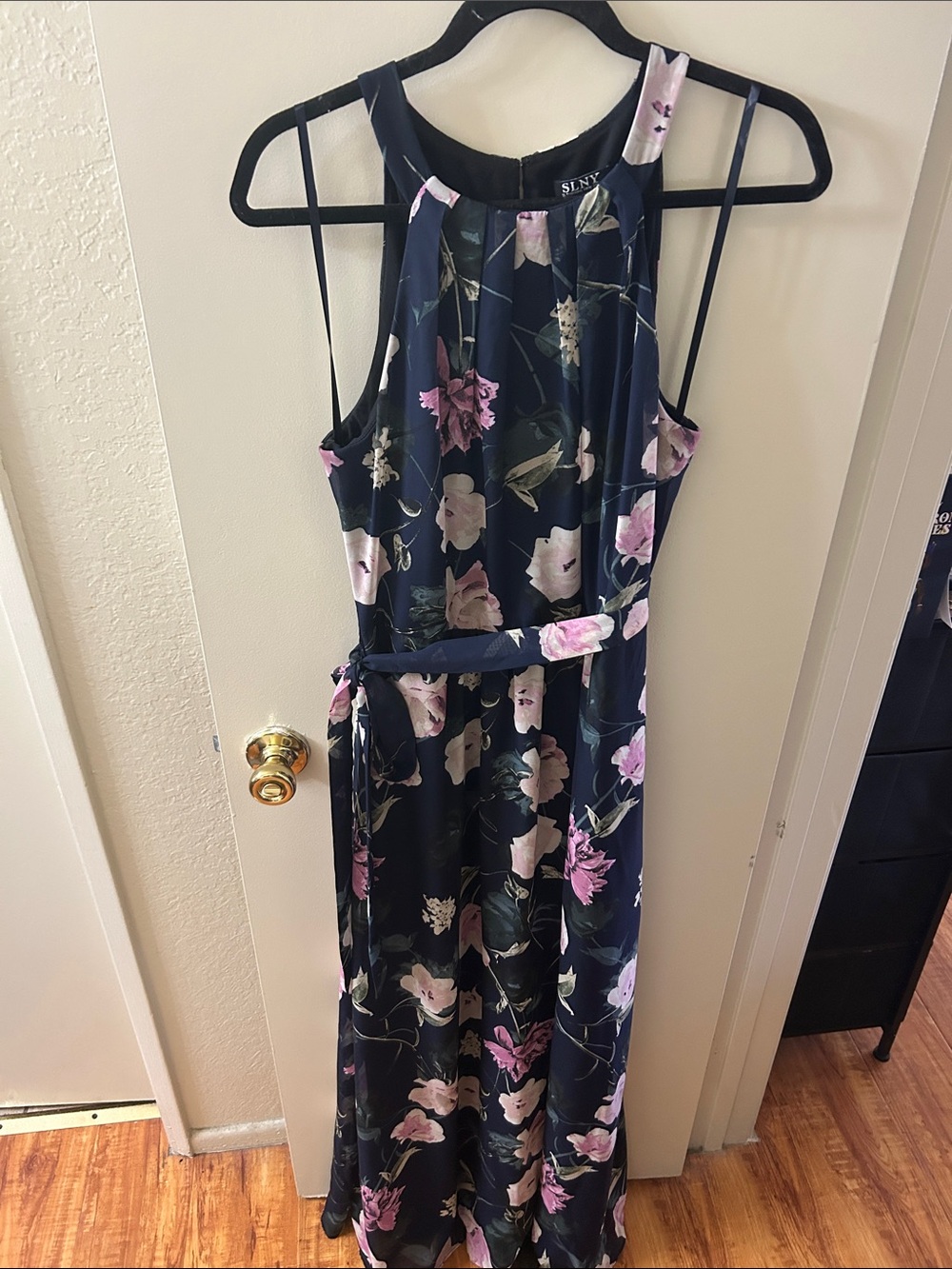 SLNY Navy Floral Halter Maxi with Self-Tie Belt